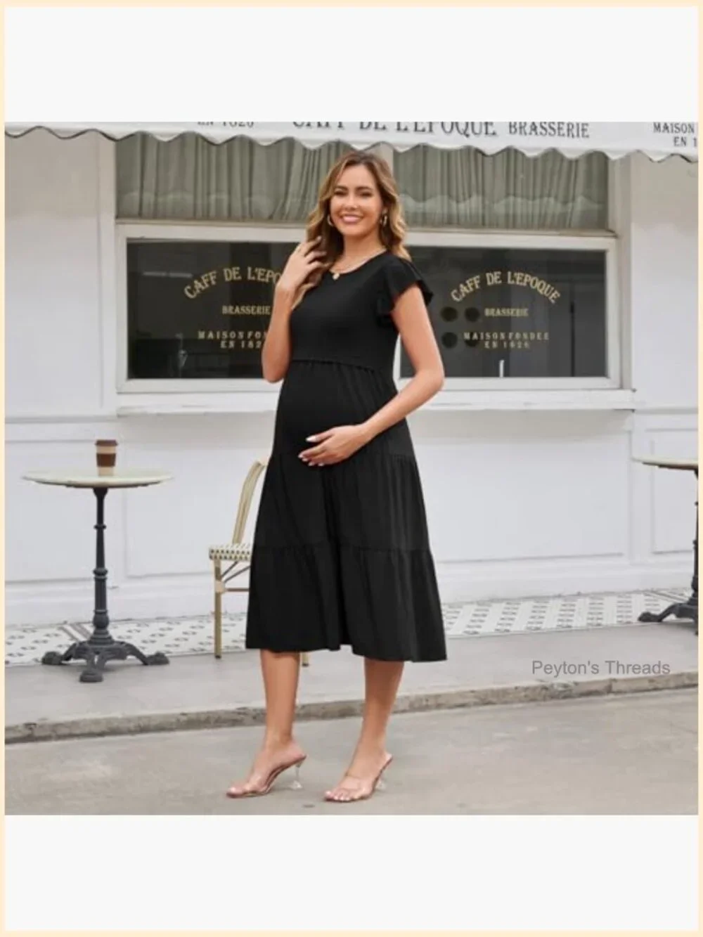 Nursing Dress Flutter Sleeve Crew Neck Tiered Maternity Midi Breastfeeding Dress